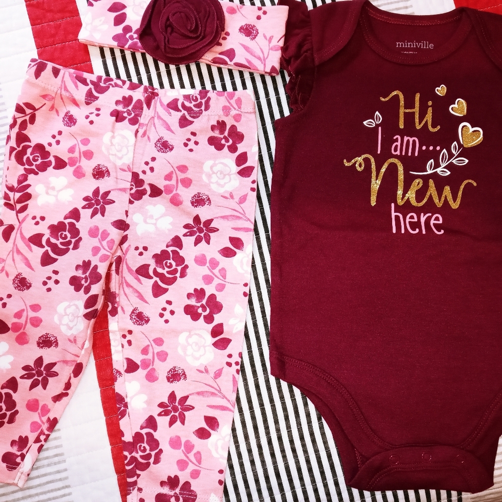 💚 Miniville Baby Girls Magenta Purple Bodysuit Leggings & Headband 3 PC  6-9M